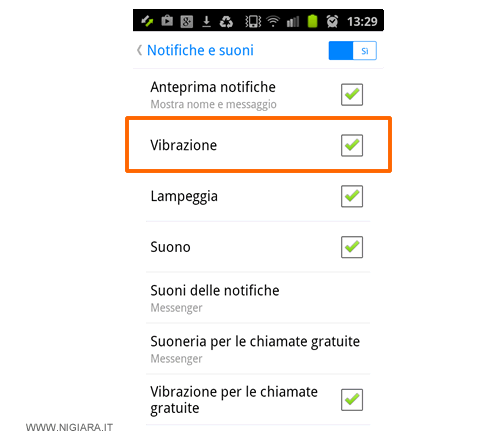 premi su Vibrazione per togliere o inserire la vibrazione alle notifiche