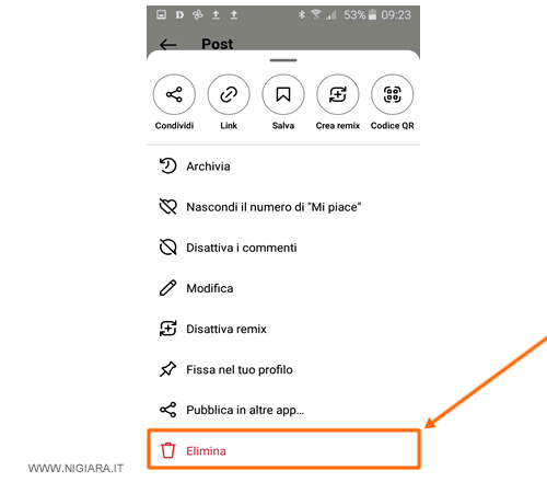 premi su Elimina per rimuovere la foto