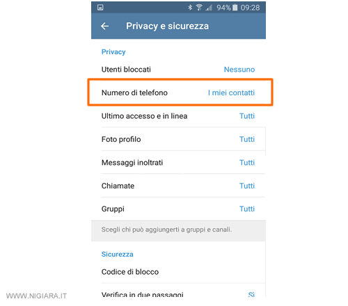 seleziona numero di telefono