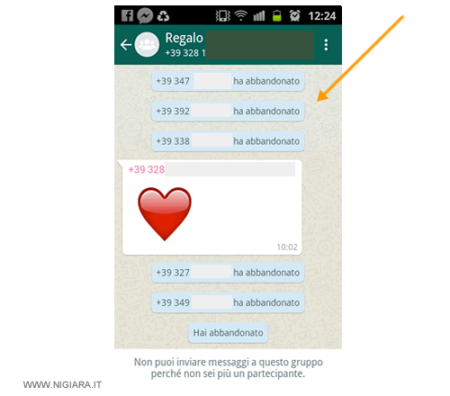 sulla chat viene aggiunto un messaggio con il tuo numero di telefono o nome di profilo per avvisare gli altri che hai abbandonato il gruppo
