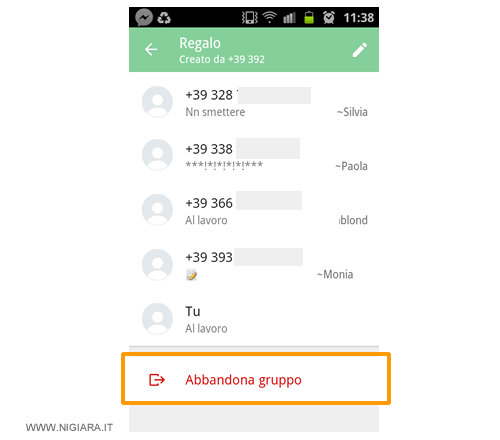 premi su Abbandona gruppo