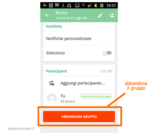 premi su abbandona il gruppo su Whatsapp