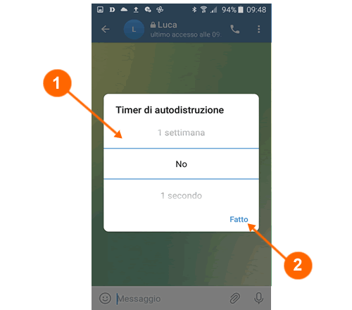 seleziona il tempo di autodistruzione dei messaggi