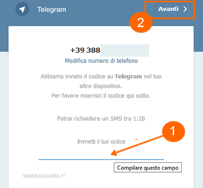 digita il codice numerico di conferma sul browser