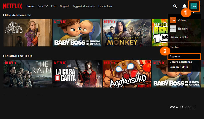 Clicca sul men&ugrave; principale e seleziona Account