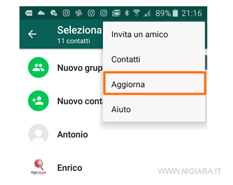 l'aggiornamento della lista dei contatti su Whatsapp