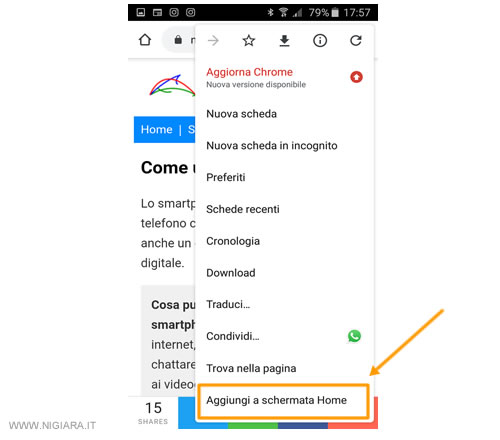 seleziona la voce di menù AGGIUNGI A SCHERMATA HOME
