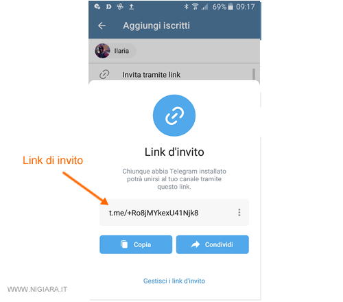 condividi il link di invito 