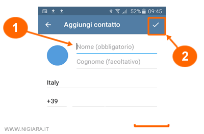 digita il nome e il telefono del contatto che vuoi inserire su Telegram