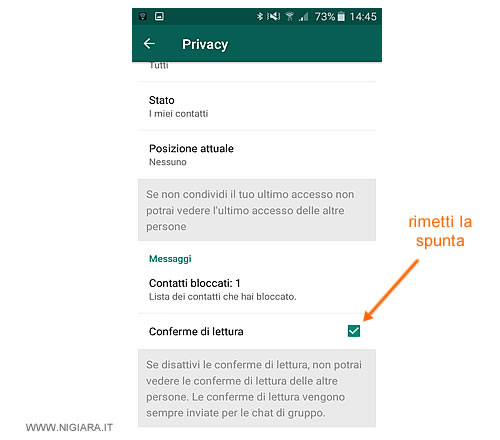 Inserisci la spunta per riattivare la conferma di lettura