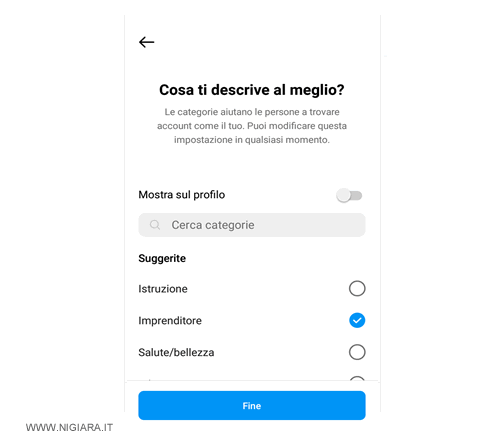 seleziona le categorie merceologiche del tuo profilo