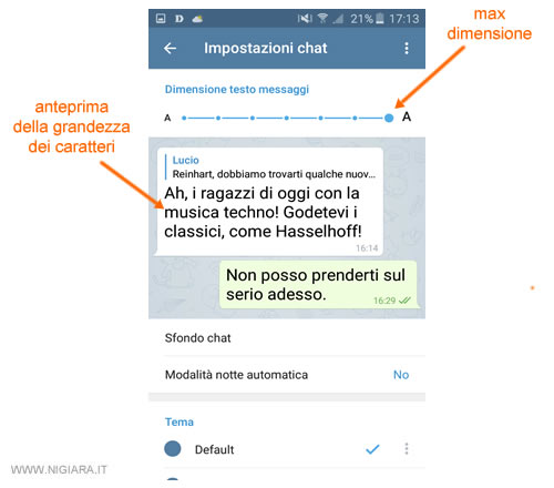 l'anteprima della dimensione dei caratteri dopo la modifica
