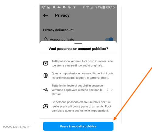 come rendere pubblico l'account su Instagram