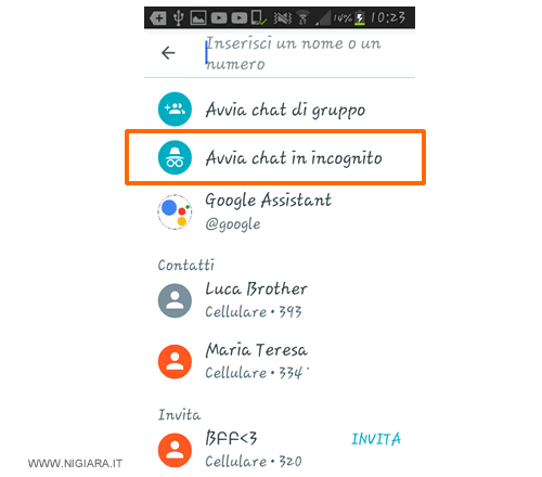 seleziona Avvia chat in incognito