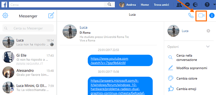 clicca sulla videocamera in alto a destra