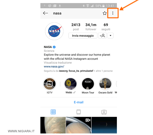 premi sul menù principale di Instagram