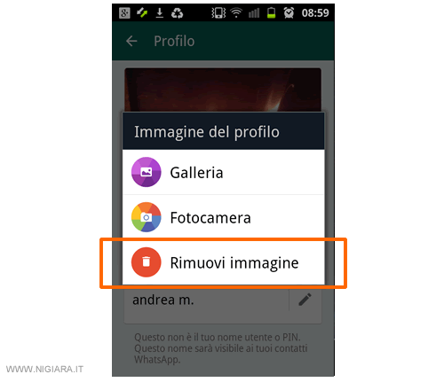 premi su Rimuovi immagine per cancellare la foto del profilo