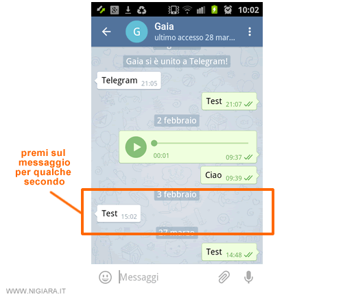 pigia sul messaggio che vuoi eliminare per qualche secondo