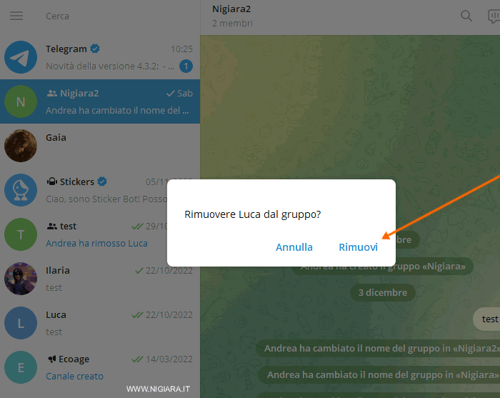 clicca di nuovo su Rimuovi