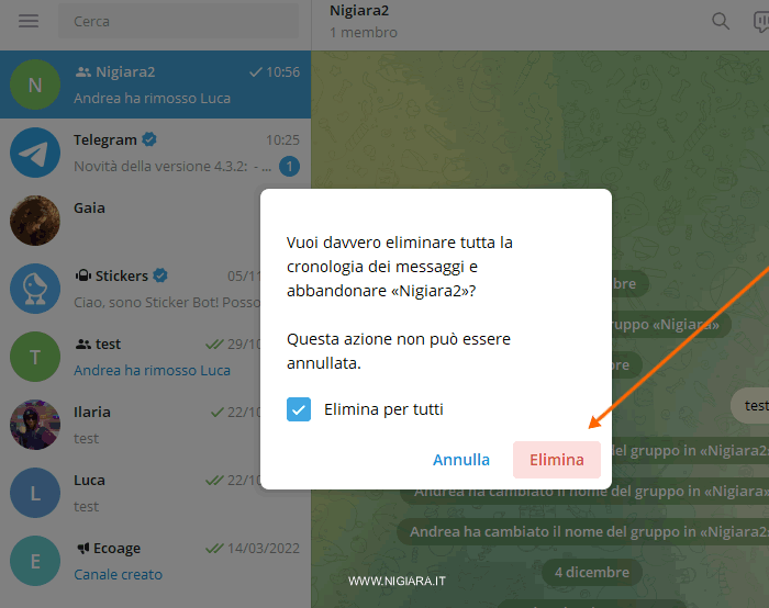 clicca su Elimina