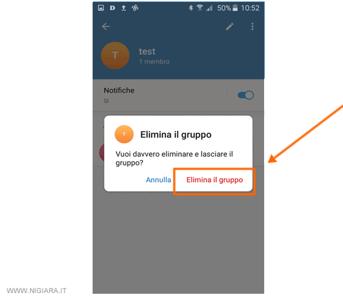 premi OK per abbandonare e chiudere il gruppo