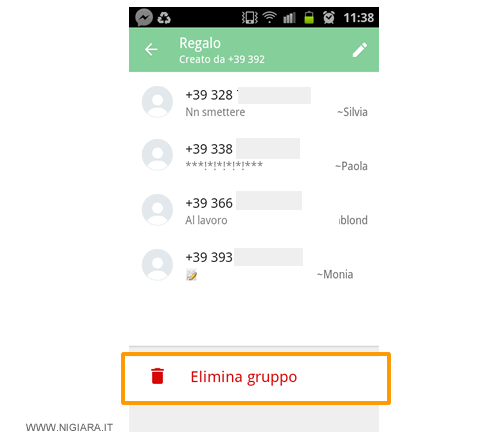 premi sulla voce Elimina gruppo nella parte inferiore dello schermo