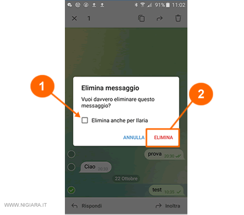 conferma e cancella il messaggio sulla chat