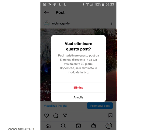 premi su Elimina per confermare l'eliminazione della fotografia da Instagram