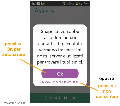 premi su OK per cercare i tuoi conoscenti su Snapchat oppure pigia su NON CONSENTIRE