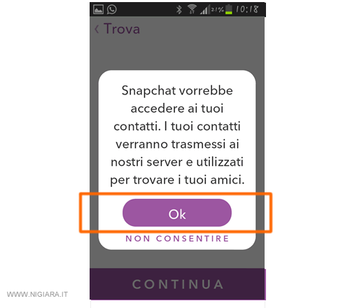 premi su OK per consentire la lettura della tua rubrica telefonica