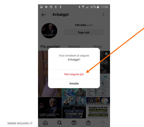 premi su Non seguire più