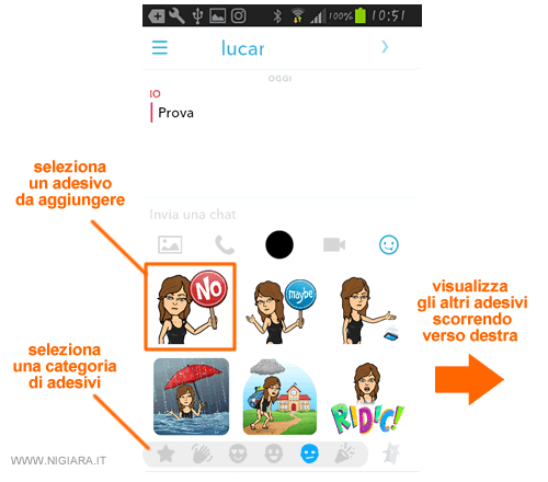 seleziona l'adesivo da aggiungere al messaggio via chat