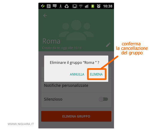 conferma la rimozione e cancellazione del gruppo da Whatsapp