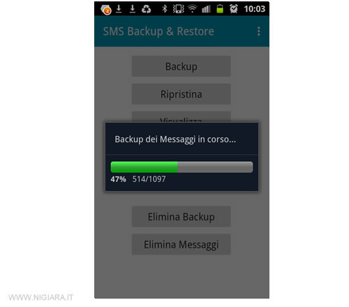 la creazione della copia di backup degli sms