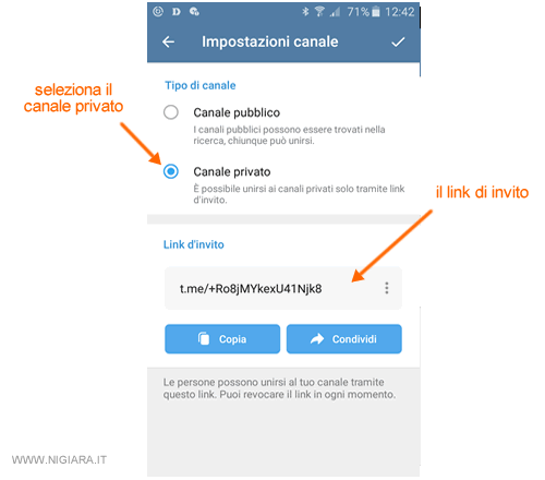 scrivi il nome e la descrizione del canale segreto