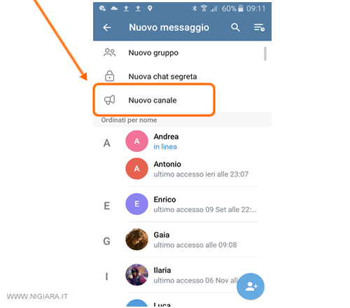 seleziona nuovo canale
