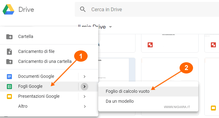 seleziona Fogli Google e clicca su Foglio di calcolo vuoto