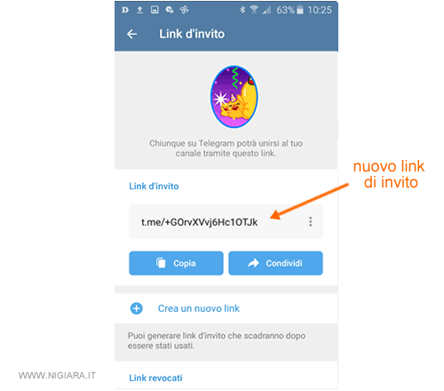 il tuo canale ha un nuovo link di invito