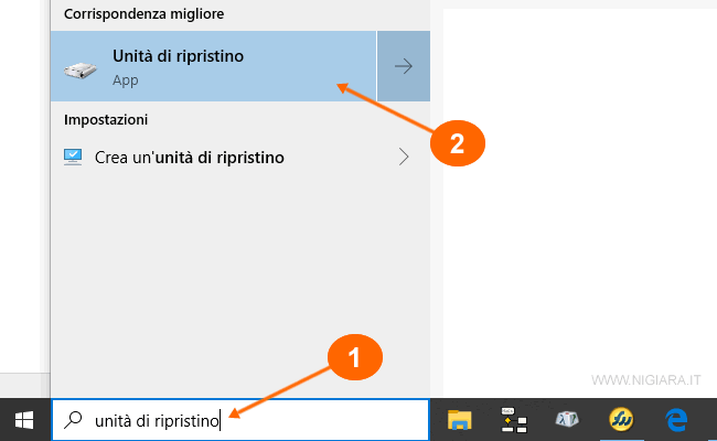 avvia la creazione dell'unità di ripristino