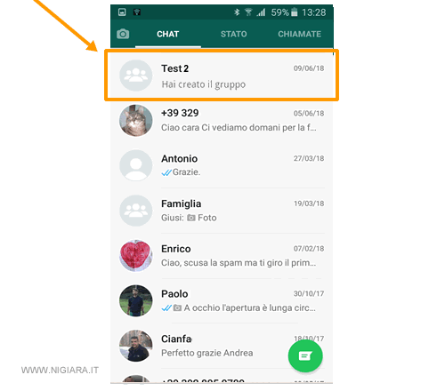 il nuovo gruppo è disponibile nella sezione Chat di Whatsapp