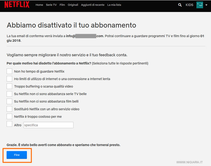 clicca sul pulsante FINE per tornare alla pagina dell'account