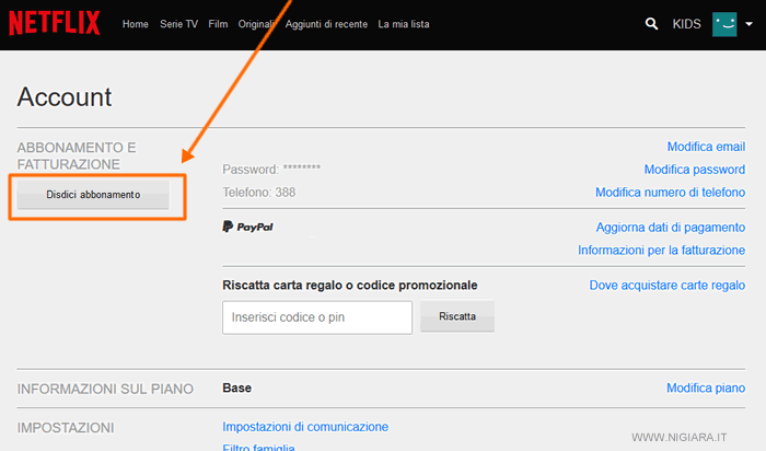clicca sul pulsante Disdici abbonamento