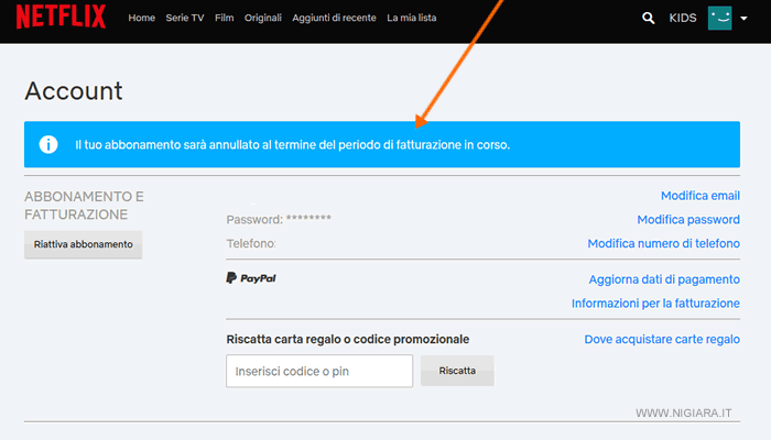 l'abbonamento a Netflix &egrave; stato disdetto