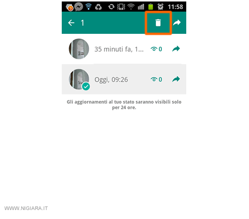 premi sul simbolo del cestino in alto a destra