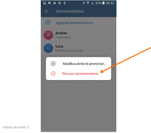 come rimuovere l'amministratore dal canale Telegram