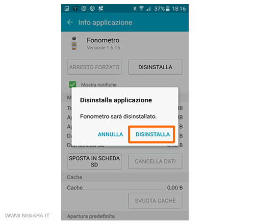 premi di nuovo su Disinstalla per confermare la cancellazione
