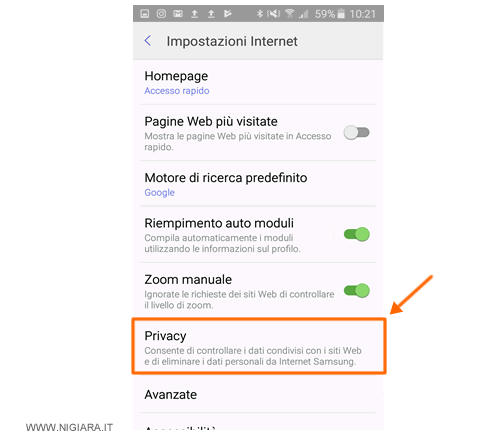 premi su Privacy