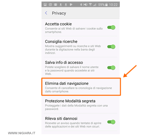 premere sulla voce Elimina dati di navigazione