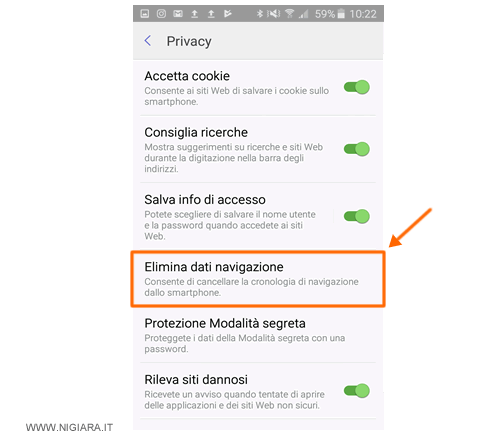premere su Elimina dati di navigazione