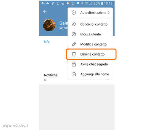 premi su ELIMINA CONTATTO